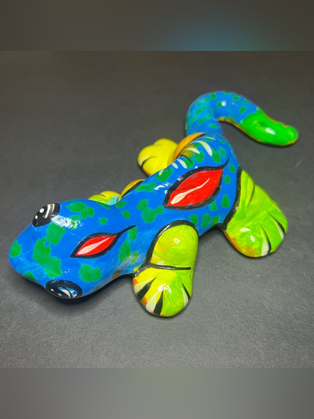 Mexican Hand Painted Blue, Green & Red Ceramic Lizard Salamander Figurine 7.5"